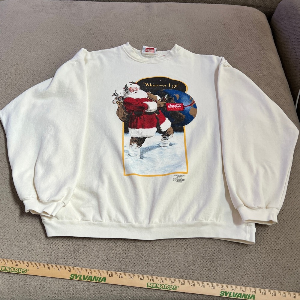 Vintage 1992 Coca-Cola Santa Wherever I Go Graphic Sweatshirt Cream Mens XL USA